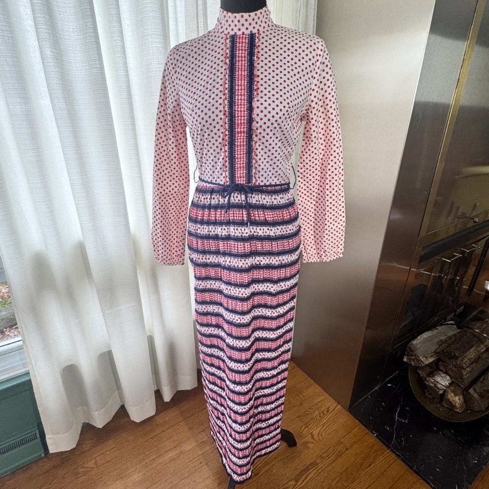 Vintage mid-70s maxi dress, white red polka dots, blue ruffled stripes, 4 (S)